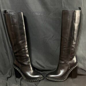 NEW Authentic CHANEL CC Logo Chain Detail Black Leather Boots EU 38.5 (US 7.5)